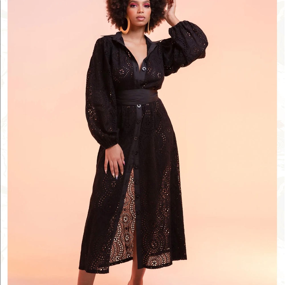 Lea Puff Sleeve Cotton Lace Button Up Dress